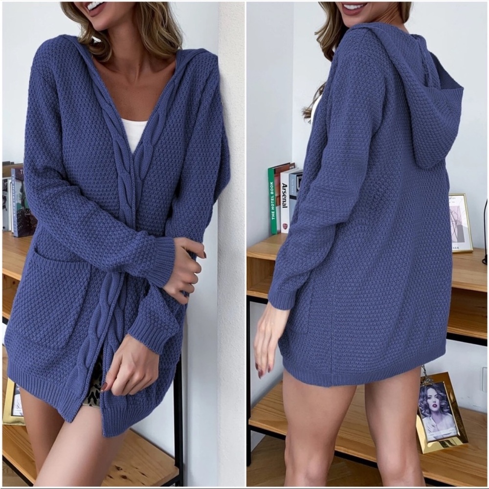 Cozy Blue Chunky Knit Open Front Hoodie Cardigan XS S M L XL